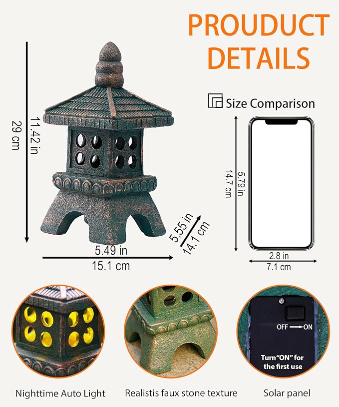 Nacome Solar Pagoda Garden Statues: 11.5 inches Outdoor Weatherproof Resin Zen Decor for Landscape Balcony Patio Porch Yard Ornament(Bronze)