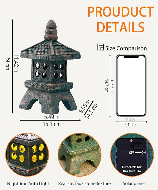 Nacome Solar Pagoda Garden Statues: 11.5 inches Outdoor Weatherproof Resin Zen Decor for Landscape Balcony Patio Porch Yard Ornament(Bronze)