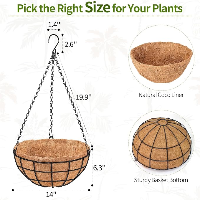 14 Inch Hanging Baskets for Plants Outdoor, 4 Pack Large Hanging Planters for Outdoor Plants, Round Metal Wire Hanging Flower Pots with Coconut Coir Liners for Garden, Deck, Porch, Balcony