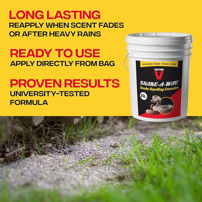 Victor Snake-A-Way Outdoor Snake Repelling Granules for Yard, 28 lb Bucket | Covers up to 3.5 Acres, Poisonous & Non-Poisonous Snake Repellent for Yard, Snake Deterrent for Lawn, Garden, EPA-Registered