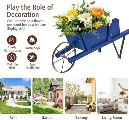 Wooden Wagon Planter, 27.5"x10.5"x11.5" Wheelbarrow Cart Plant Pot with Halloween Decoration & Mental Supports, Single Wheel Movable Garden Flower Cart Planter for Yard, Backyard (Blue)
