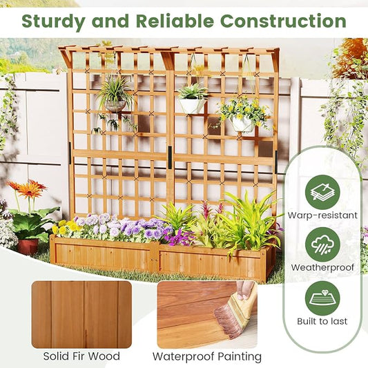 72" Raised Garden Bed with Lattice Trellis, Hanging Roof & Drainage Holes, Elevated Wooden Planter Box for Vine Climbing Plant, Flower, Herb & Vegetable