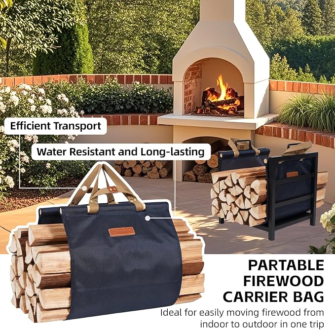 Firewood Rack Indoor Outdoor with Firewood Carrier, Fireplace Wood Log Holder Heavy Duty Metal, Indooor Firewood Holder for Fireplace Wood Storage, 16 inch, Navy