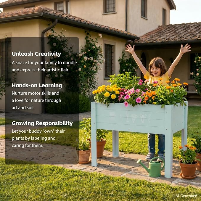 Raised Garden Bed with DIY Chalkboard, 30 x 24 x 18 Inch Wooden Elevated Raised Garden Bed, Outdoor Planter Box with Legs for Vegetables Grass Lawn Yard, Green