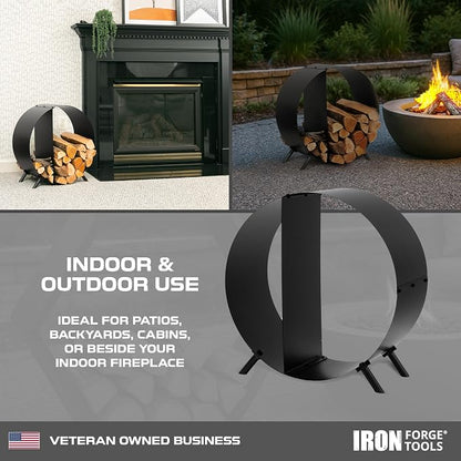 Iron Forge Tools Firewood Rack Outdoor Indoor Fire Wood Rack - 24 in. Circular Fire Log Holder, Powder Coated Steel Heavy Duty Firewood Holder Wood Storage with Cover