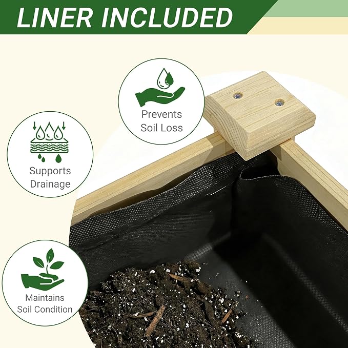 48 x 23 x 31 Inches Raised Garden Bed with Legs, Elevated Wooden Planter Box for Outdoor Plants with Water Collection Tray, Storage Shelf, Protective Liner, Natural