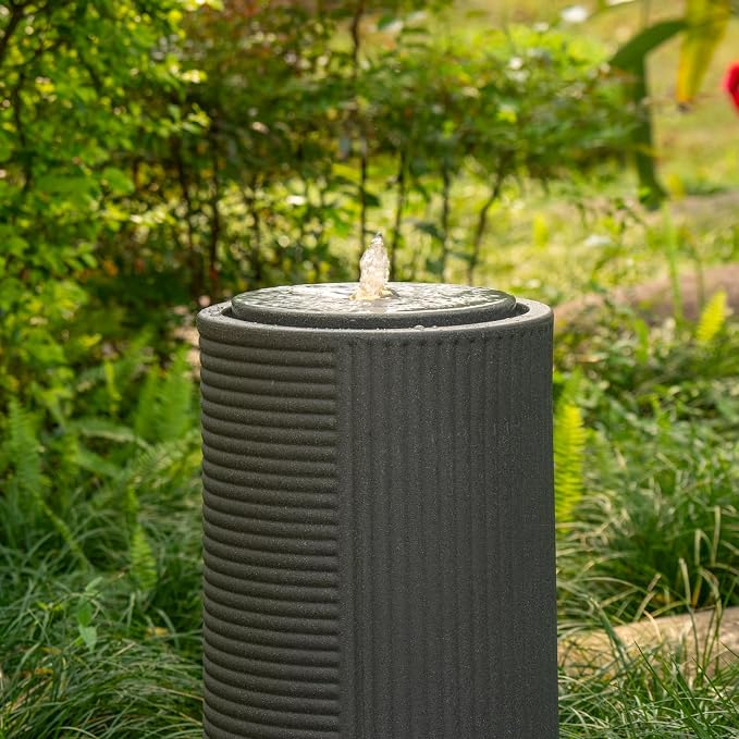 23.22” H Outdoor Water Fountain Made with Eco-Friendly Recyclable Materials, Polyethylene Round Bubbler Water Fountain Outdoor, Garden Decor with LED Light for Patio, Porch, Backyard
