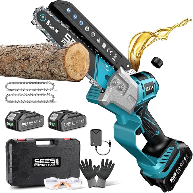 SEESII Mini Chainsaw 6 Inch Brushless, Automatic Oiler | 2 x2.0Ah Batteries, Cordless Chainsaw Compatible with Makita 18V Battery, Electric Saw for Tree Limb Branch Cutter Yard Work
