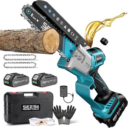 SEESII Mini Chainsaw 6 Inch Brushless, Automatic Oiler | 2 x2.0Ah Batteries, Cordless Chainsaw Compatible with Makita 18V Battery, Electric Saw for Tree Limb Branch Cutter Yard Work