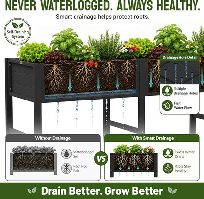 YEFU 72" Large Raised Garden Bed, Wood-Look HIPS 6ft Extra Large Bed, Black | Extra Large Garden Bed for Backyard Growing, 6ft Design, Wood-Look HIPS, Drainage, 770 lbs High Capacity Support
