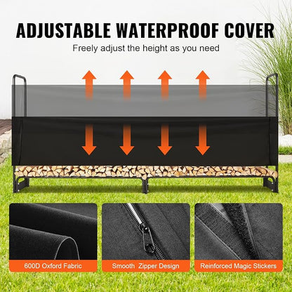 VEVOR 8.5FT Outdoor Firewood Rack with Cover, 102x14.2x46.1 in, Heavy Duty Firewood Holder & 600D Oxford Waterproof Cover for Fireplace, Patio, Indoor/Outdoor Log Storage Rack for 1/2 Cord of Firewood