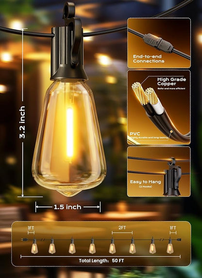 Brightown Outdoor String Lights, 50FT 25+2 LED ST38 LED Patio Lights Shatterproof, Dimmable IP65 Waterproof Connectable Hanging Outdoor Light for Backyard, Porch, Deck, Balcony