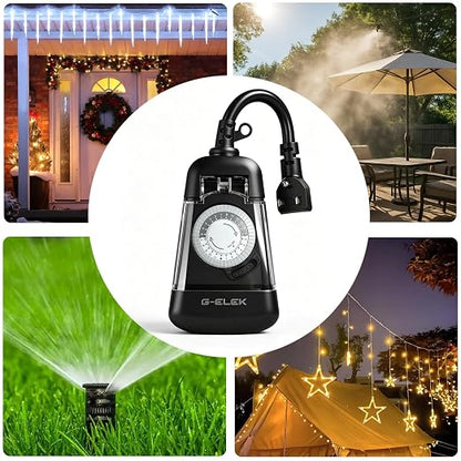 G-ELEK Mini Compact Outdoor Mechanical Timer Outlet Weatherproof, 24 Hour 30 Minute Interval, 2 Grounded 3 Prong Outlets, Space Saving Waterproof Plug in Timer for Lights Holiday Decor, 15A ETL Listed