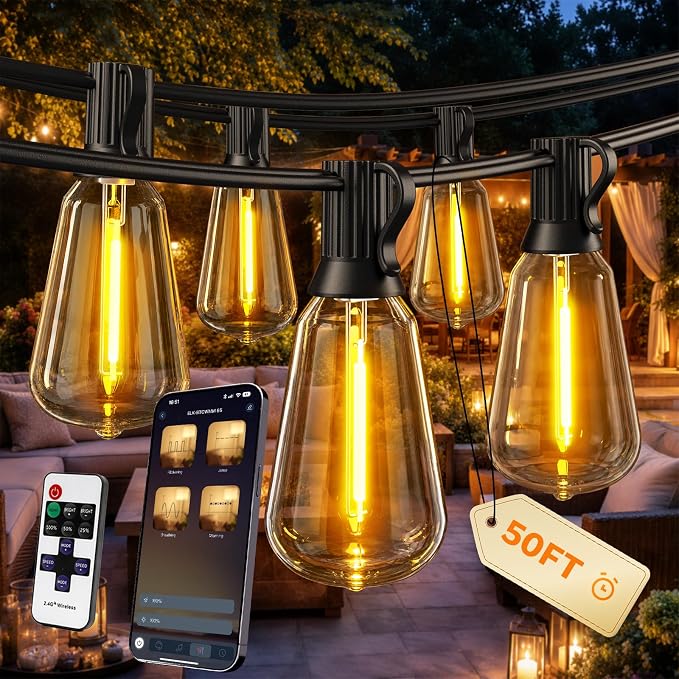 Outdoor String Lights, 50FT Patio Lights for Outside, Smart App & Remote Control with Timer, Dimmable with 4 Scene Modes, Warm White Waterproof LED Bulbs for Garden, Yard and Backyard Decor