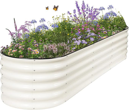 Galvanized Raised Garden Bed - 8x2x1.4FT Metal Planter Boxes Outdoor | Oval Steel Raised Bed Kit for Gardening with Protective Tape, Bracing Rods, Gloves for Vegetables, Flower, Herb (White)
