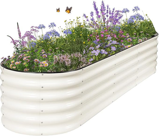 Galvanized Raised Garden Bed - 8x2x1.4FT Metal Planter Boxes Outdoor | Oval Steel Raised Bed Kit for Gardening with Protective Tape, Bracing Rods, Gloves for Vegetables, Flower, Herb (White)