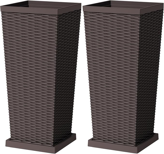 Greesum Set of 2 Tall Plastic Planters with Saucer, 30 Inch Large Pots with Drainage Trays, Weather-Resistant Plastic Plant Containers for Patio, Porch, Garden,Brown