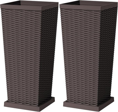 Greesum Set of 2 Tall Plastic Planters with Saucer, 30 Inch Large Pots with Drainage Trays, Weather-Resistant Plastic Plant Containers for Patio, Porch, Garden,Brown