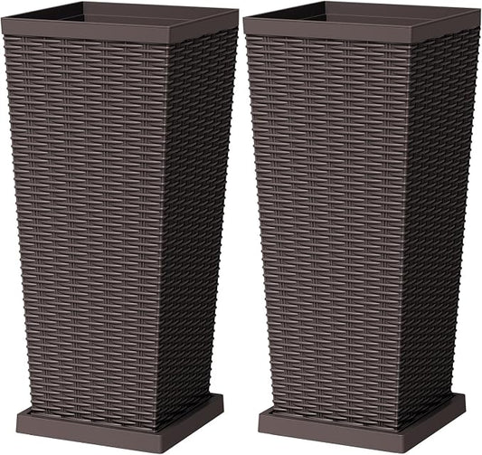 Greesum Set of 2 Tall Plastic Planters with Saucer, 30 Inch Large Pots with Drainage Trays, Weather-Resistant Plastic Plant Containers for Patio, Porch, Garden,Brown