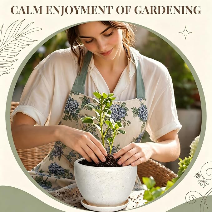 11 Inch Ceramic Plant Pot with Drainage Hole Mesh Net, Large Gardening Pots for Indoor Plants with Saucer, Waxen White