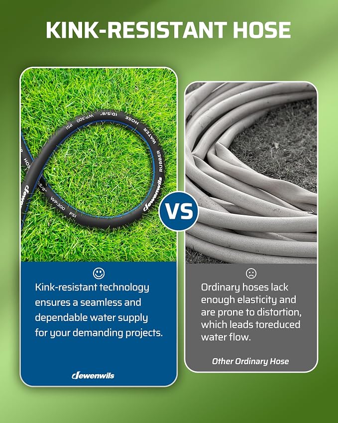 DEWENWILS 5/8" x 50FT Heavy Duty Garden Hose, 300psi Working & 1000psi Burst, Solid Brass 3/4" GHT Fittings, Hot/Cold Water, 5 Layer Construction, Rubber Water Hose for Yard, Garden, Lawn
