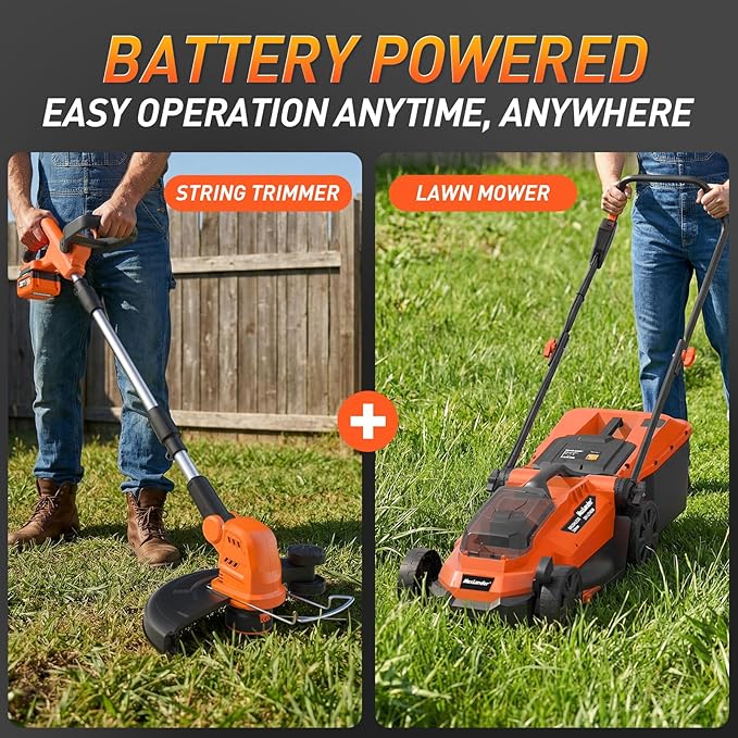 MAXLANDER 13 Inch Electric Lawn Mower and 12 Inch Cordless Weed Wacker, 20V String Trimmer with 2x4.0 Ah Battery and Charger, Grass Cutter with 8 Pcs Line, Grass Trimmer for Yard, Garden