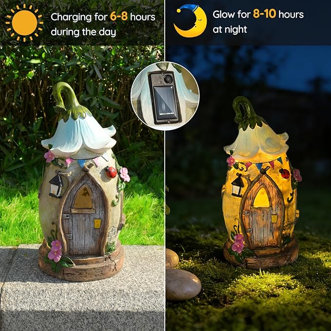 Resin Fairy Garden Statue with Solar Light Perfect for Garden Decor, Featuring a Charming Morning Glory Vine adorning its Crown.Ideal for birthday gifts and building fairy-tale cottages,12.2 inches.