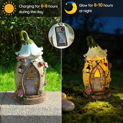 Resin Fairy Garden Statue with Solar Light Perfect for Garden Decor, Featuring a Charming Morning Glory Vine adorning its Crown.Ideal for birthday gifts and building fairy-tale cottages,12.2 inches.