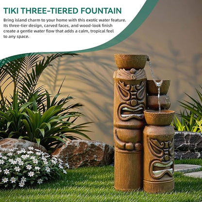 31" H Tiki Statue Outdoor Water Fountain with LED Lights | Unique 3-Tier Tropical Resin Water Feature with Soothing Cascading Waterfall for Patio, Backyard, Garden or Porch