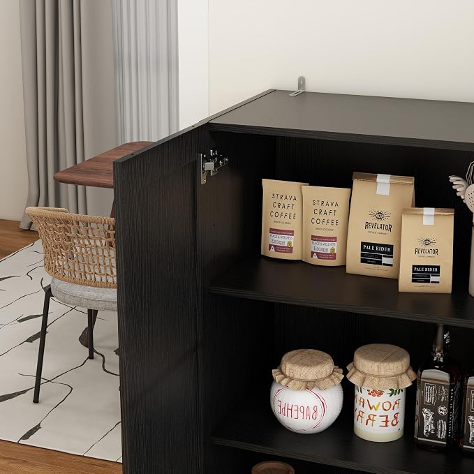 Wooden Storage Cabinet, Collection Food Pantry Narrow Cabinet Free Standing with 2 Doors and 3 Shelves Tool Cabinet, for Kitchens, Living Room, Utility Rooms (Black)