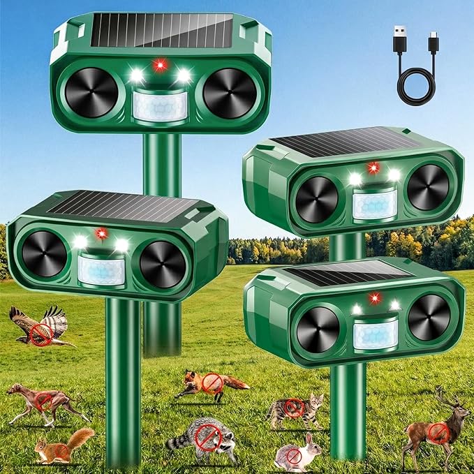 Solar Animal Repeller Outdoor, 4 Pack Ultrasonic Deterrent for Deer | Dual LED Flashing Lights, Motion Activated Deterrent, Garden,Yard&Farm Protection, 4 Pack Wider Coverage