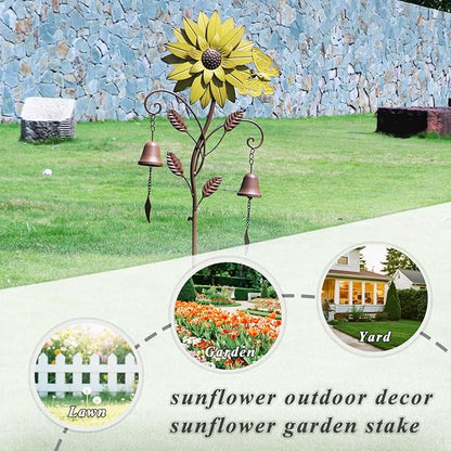 Decorative Garden Stakes,Garden Stake with Bells,Metal Flower Garden Decor | 50"H Sunflower Metal Flower Garden Stake with Bells, Lawn and Flower Bed Outdoor Garden Decor