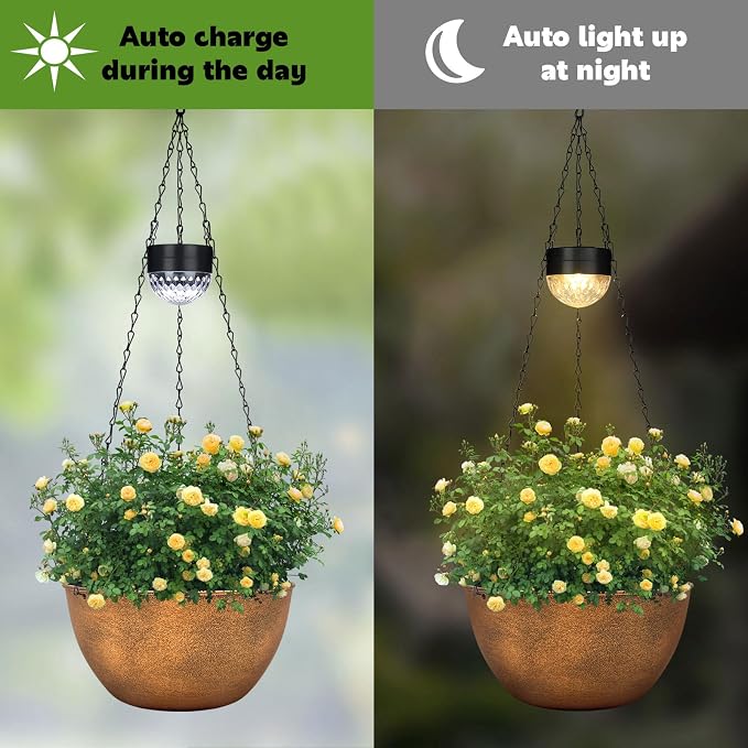 BAYN 2 Packs Solar Hanging Basket Planters for Plants Outdoor | Self Watering, Bronze Flower Pots with Solar Light , Hanging Planters with Drainer for Balcony Patio Garden Decoration