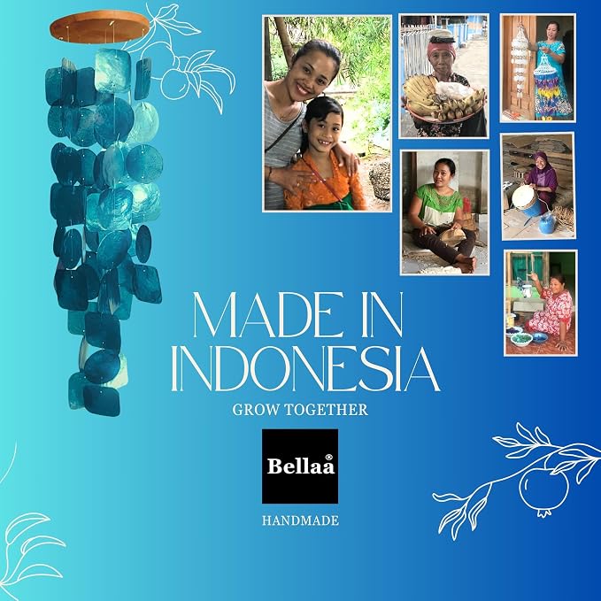 Bellaa Handmade Wind Chimes Outdoor, Musical, Garden Decorations, Beach, Ocean, Breeze, Gifts for Mom, Outside Windchimes, 63pcs, Capiz, Shells, Sea, Glass, Wood, Turquoise, 20744