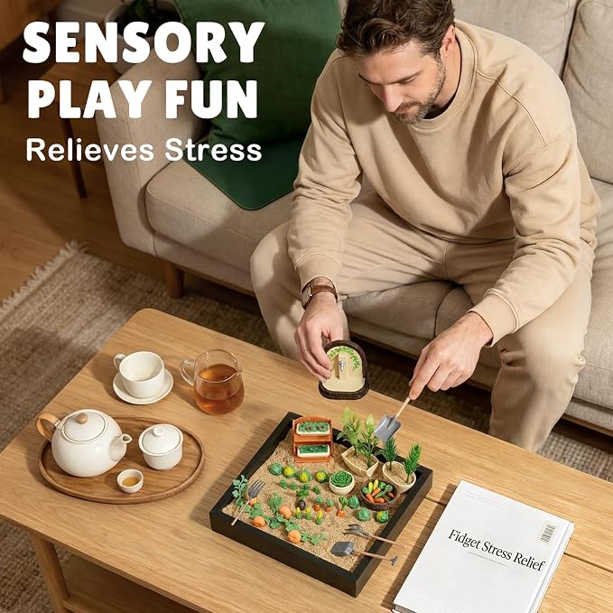 Dreamon Zen Garden for Desk, Mini Veggie Zen Sand Garden for Sandbox with Vegetable, Plants and Gardening Tools, Sand Tray Therapy Kit with 56 Accessories, Fidget Stress Relief Toys Novelty Gift Idea