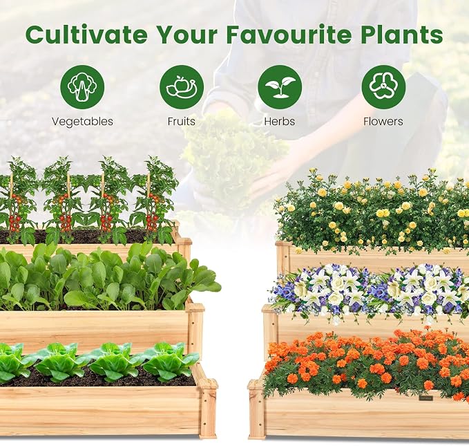 COSTWAY 3-Tier Raised Garden Bed, Wooden Elevated Planter Box for Vegetables Flowers Herbs Fruits, Outdoor Growing Planter Box Stand for Garden, Backyard, Patio, Balcony