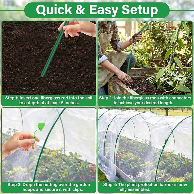 Garden Mesh Netting Kit for Raised Beds, 10x33FT Ultra Fine Mesh Netting&6 Sets 8FT Fiberglass Garden Hoops, Insect Netting Row Cover, Pest Barrier Protection for Vegetable Fruits Flowers
