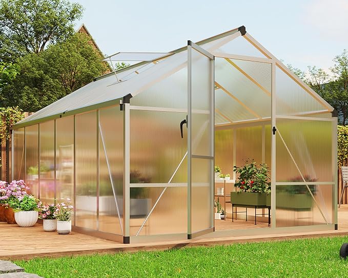 8x12 ft Walk-in Greenhouse, Polycarbonate Panels with Reinforced Aluminum Frame, Large Garden Green House for Planting and Seed Starting, Quick-Assembly Structure with Adjustable Roof Vent