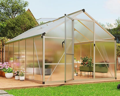 8x12 ft Walk-in Greenhouse, Polycarbonate Panels with Reinforced Aluminum Frame, Large Garden Green House for Planting and Seed Starting, Quick-Assembly Structure with Adjustable Roof Vent