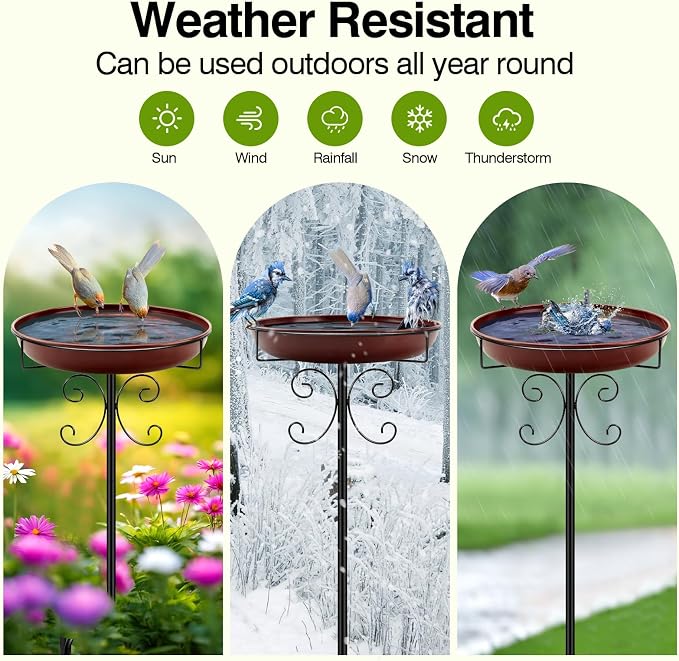 Daoeny Heavy Duty Bird Baths for Outdoors, 35In Outdoor Freestanding Birdbaths & Birdfeeder, Bird Bath Feeder Bowl with Metal Stake Garden Patio Yard Lawn Decor, Upgraded 5-Pronged Base (Brown)