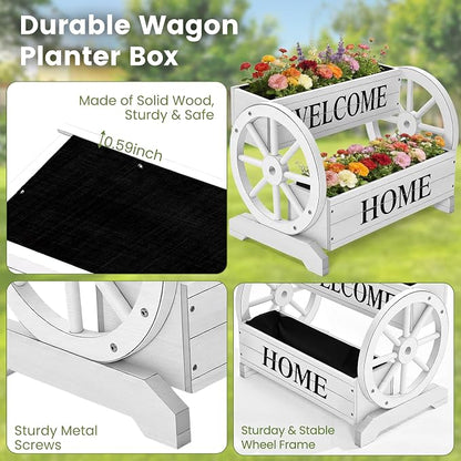 24" White Extra Large 2-Tier Wooden Wagon Planter Box | Whitewashed wood flower cart with drainage holes, liner, wagon wheels, and WELCOME HOME detail for porch and patio decor