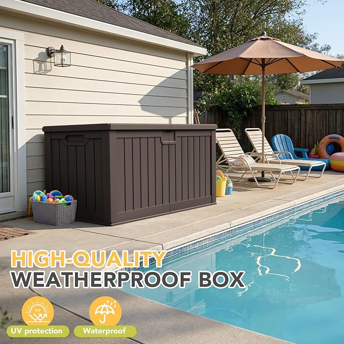 240 Gallon HDPE Deck Box Outdoor Indoor Waterproof Storage Box for Patio Furniture, Pool Accessories, Garden Tools, and Cushion Storage, Brown