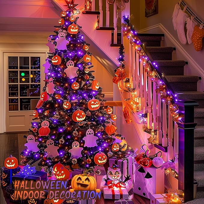 JMEXSUSS 600 LED Halloween String Lights Outdoor, Orange and Purple Halloween Lights Clear Wire, Twinkle String Lights Plug in for Tree Christmas Decorations