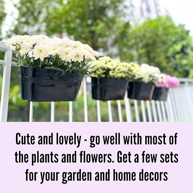 LaLaGreen Window Boxes Planters (5 Pack, 9.8 Inch) Small and Cute Black Metal Iron Hanging Flower Pots, Deck Railings Outdoor Fence Buckets Boho Style Wall Mount Plant Holder Hooks Porch Garden Decor