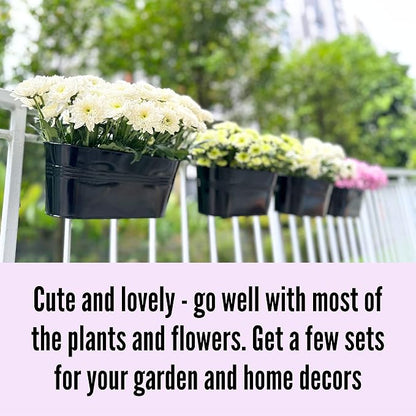 LaLaGreen Outdoor Rail Planter for Balcony (4 Pack, 9.8 Inch) Small and Cute Black Metal Iron Fence Hanging Flower Pots Deck Railings Buckets Boho Style Window Box Plant Holder Hooks Porch Decor