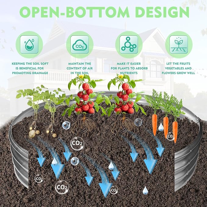 12 Inch Tall 60 Inch Diameter Round Silver Raised Garden Bed Kits Outdoor | 1 FT Tall,5 FT Planter Bed for Flowers,Herbs,Vegetables,Trees,0.8MM Thick Galvanized Metal Painted,with Gloves,Tool free