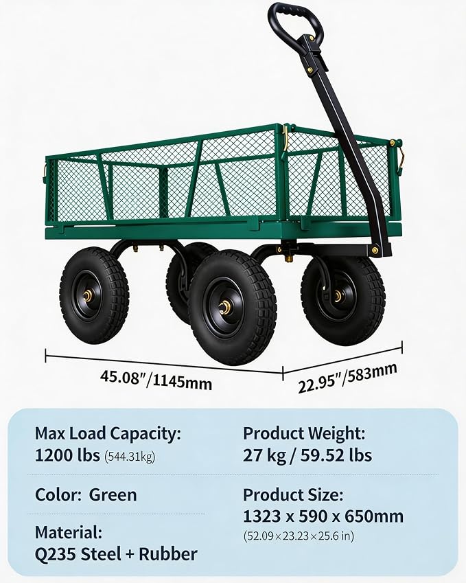 GarveeTech 1200LBS Heavy Duty Steel Garden Cart, Garden Wagon Cart on Wheels, Metal Yard Utility Wagon with Removable Mesh Sides, 13" All Terrain Tires, 180° Rotating Handle for Lawn, Garden, Farm