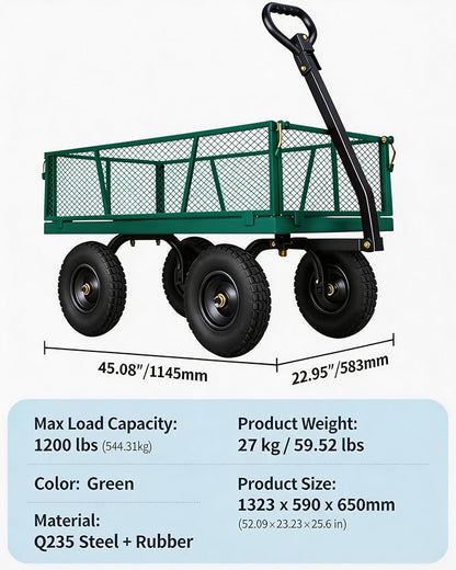 GarveeTech 1200LBS Heavy Duty Steel Garden Cart, Garden Wagon Cart on Wheels, Metal Yard Utility Wagon with Removable Mesh Sides, 13" All Terrain Tires, 180° Rotating Handle for Lawn, Garden, Farm