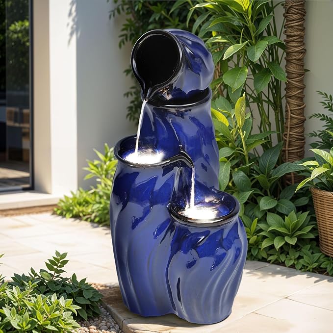 29" Ceramic Water Fountain Outdoor, 4-Tier LED Cascading Waterfall | Dynamic Wave-Texture Garden Fountain with Lights, Serene Relaxing Water Feature for Patio Backyard Decor, Cobalt Blue Glaze