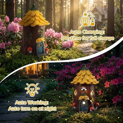 Lavezee Fairy House Outdoor Figurine Lights for Garden Decor, Fairy Garden Houses for Front Porch Patio Backyard Yard Decoration, Birthday Gifts for Mom Women
